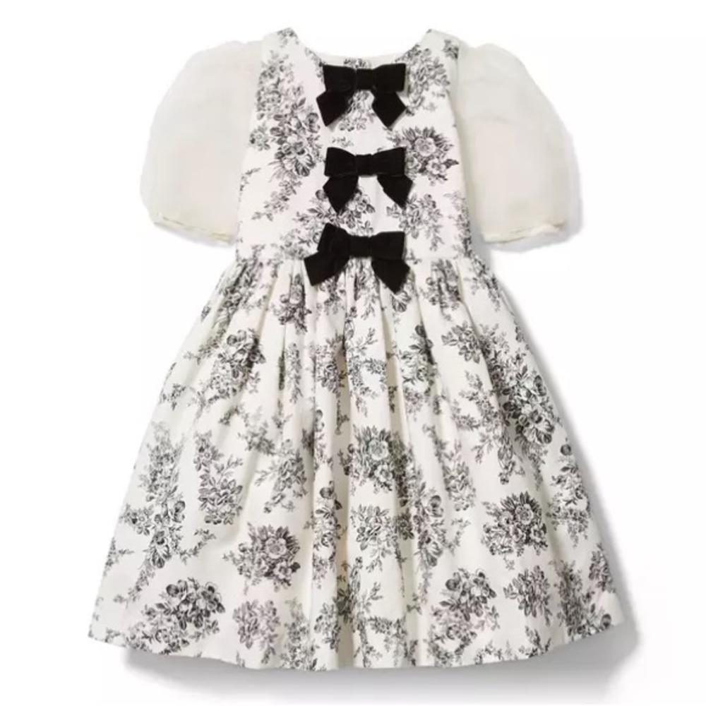 Janie and Jack Black and White Puff Sleeve Floral Toile Bow Dress Velvet Bow 4